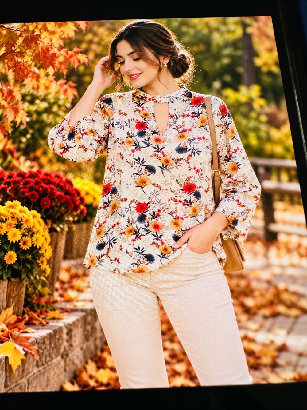 Denim jeans& casual size x l Floral Keyhole Peasant Blouse - Cream Multi floral